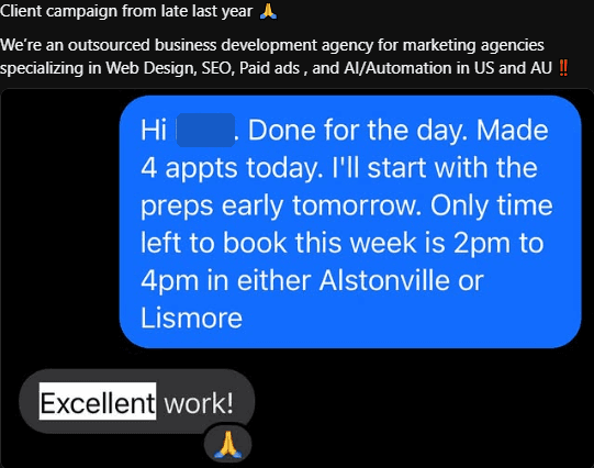 Client message thread in which Angelo reports four appointments booked for the day and the client replies, Excellent work!