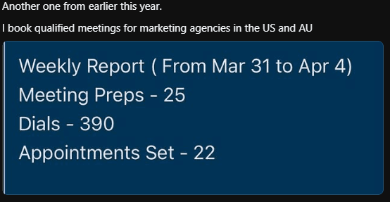 Weekly report screenshot reading: Meeting Preps 25, Dials 390, Appointments Set 22, from March 31 to April 4.