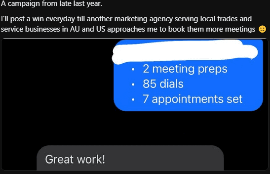 Client message thread showing a campaign summary of 2 meeting preps, 85 dials and 7 appointments set, with the client replying, Great work!